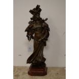 A 19th century French bronzed spelter figure of a young lady on a marble base titled "En Visite".