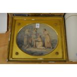 A pair of classical coloured engravings depicting young ladies in a garden setting, oval in