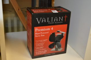 A Valiant Premium 4 heat powered stove fan, boxed and unused.