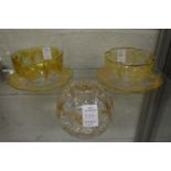 A pair of enamelled clear glass quatrefoil bowls and stands and similar vase.