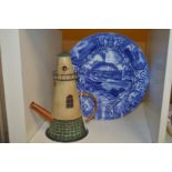 A Maling porcelain commemorative plate together with a novelty metal teapot.