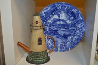 A Maling porcelain commemorative plate together with a novelty metal teapot.