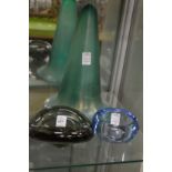 A pair of moulded glass dishes together with a green opaque glass trumpet shaped vase, signed.