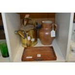 A small Chinese hardwood tray, a brass watering can and a salt glazed jug.