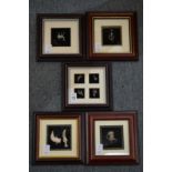 Five framed and glazed miniatures depicting Arabic items, possibly silver.
