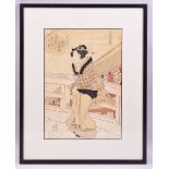 A JAPANESE WOODBLOCK PRINT BY KUNISADA, depicting a female figure standing on a bridge, framed and