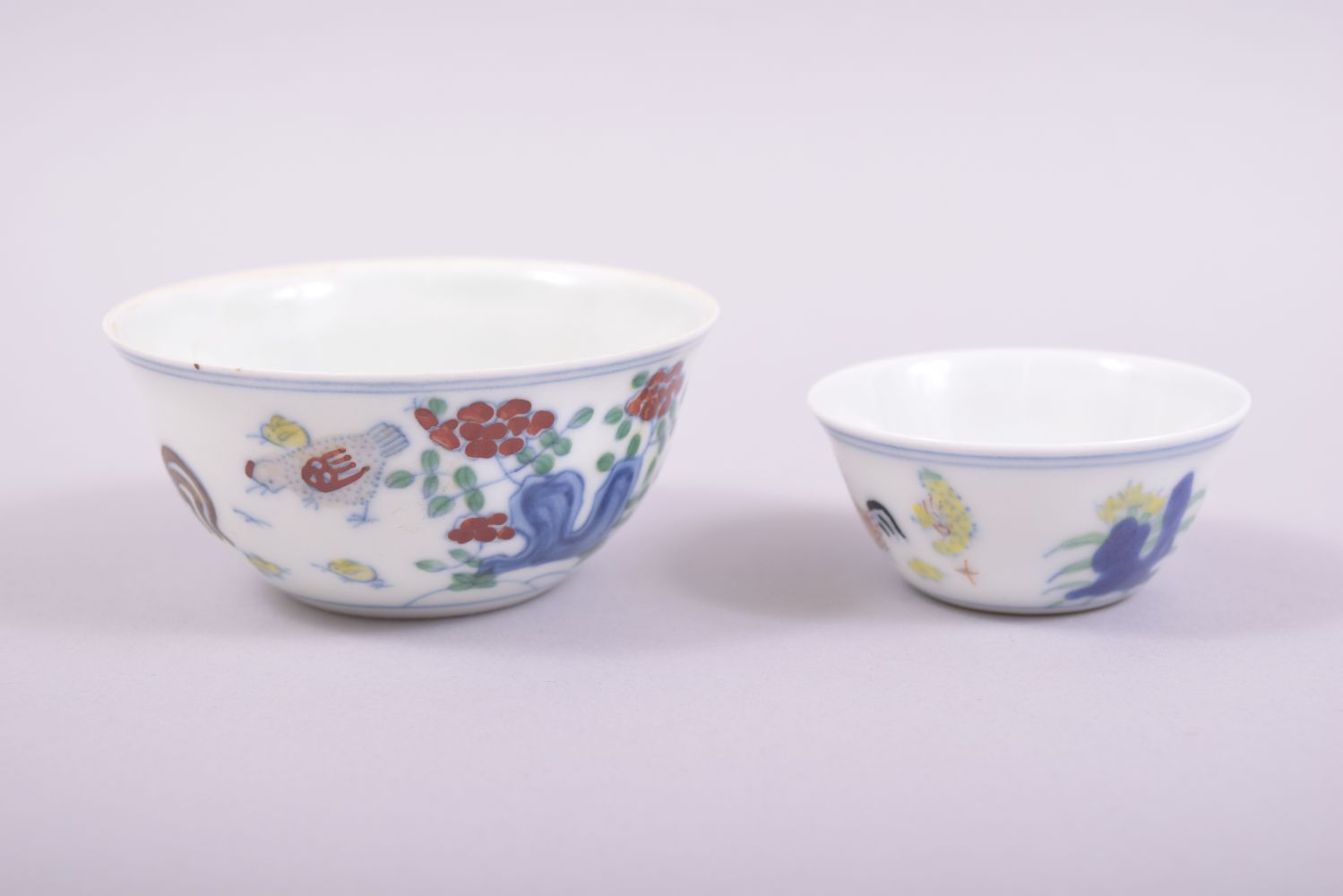 TWO DOUCAI PORCELAIN CHICKEN CUPS, both with six character mark to base, 8.5cm and 6cm (2). - Image 2 of 8