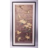 A GOOD LARGE EARLY 20TH CENTURY CHINESE EMBROIDERED SILK WORK PICTURE, depicting geese on a pond