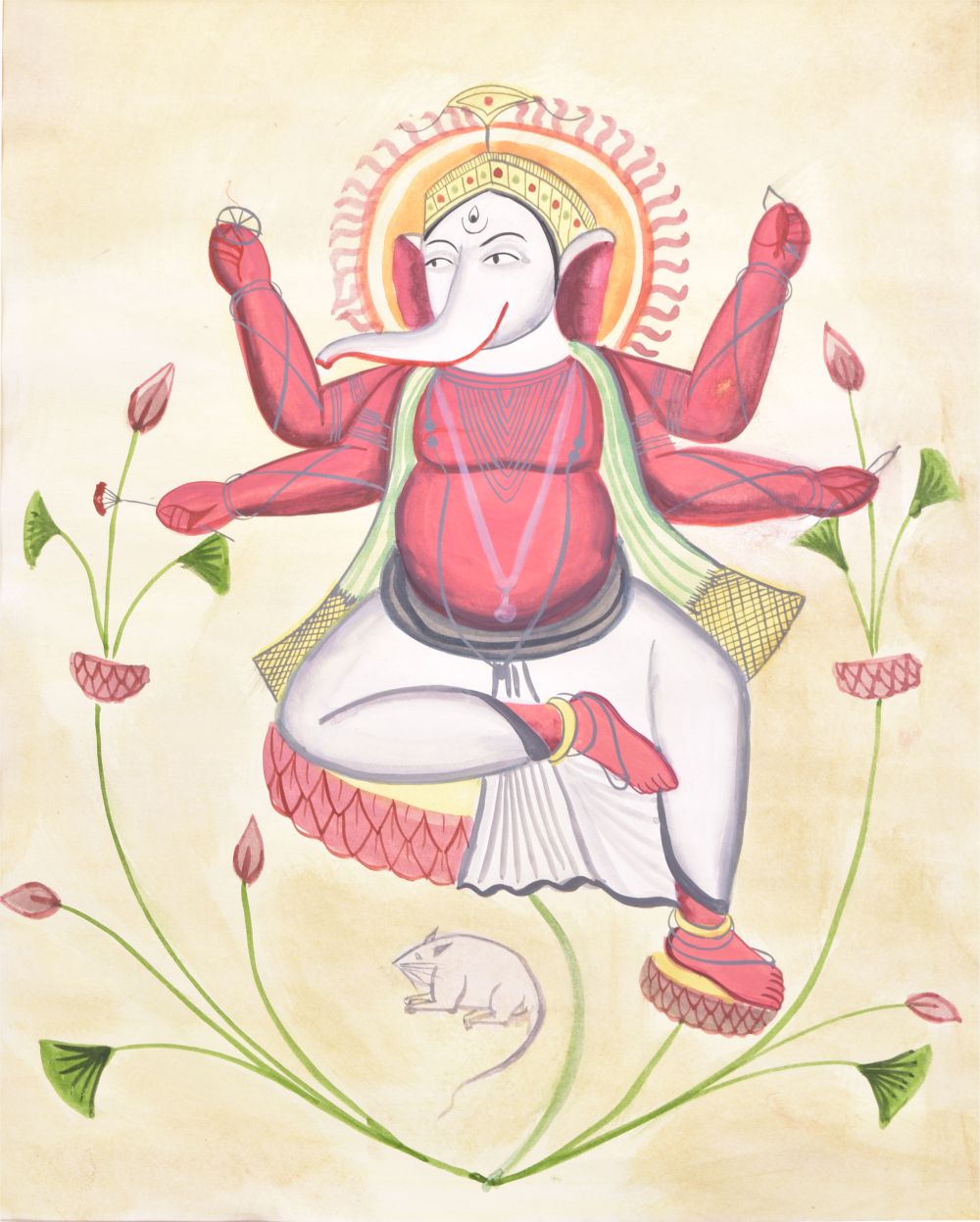 A KALIGHAT BENGAL SCHOOL PAINTING OF GANESHA, circa 1920, with board backing and mount, image 46cm x