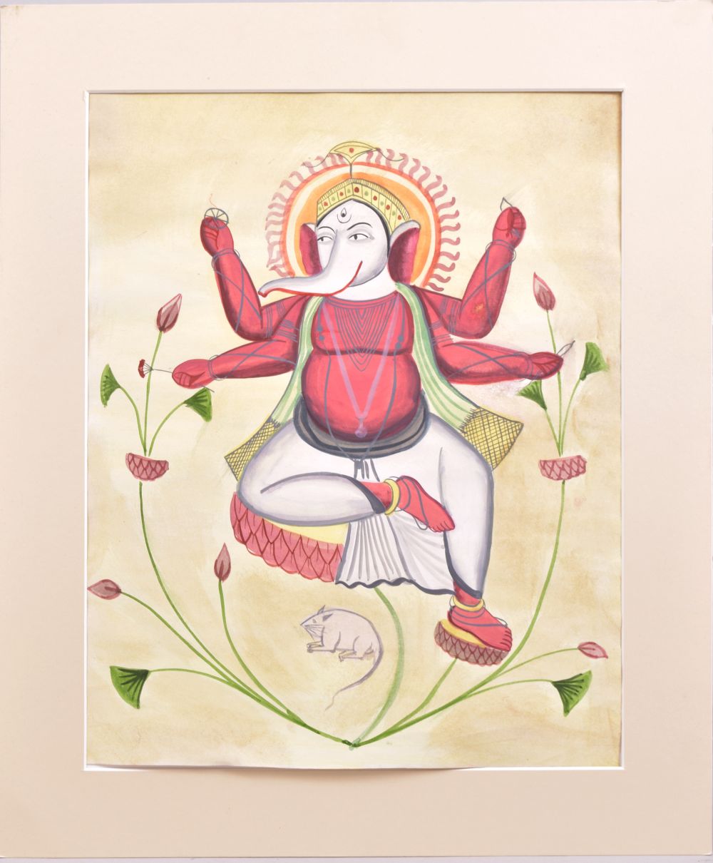 A KALIGHAT BENGAL SCHOOL PAINTING OF GANESHA, circa 1920, with board backing and mount, image 46cm x - Bild 2 aus 2