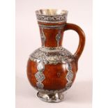 A RARE & UNUSUAL 18TH CENTURY OTTOMAN NIELLO SILVER & CARVED WOOD JUG - the wooden carved jug with