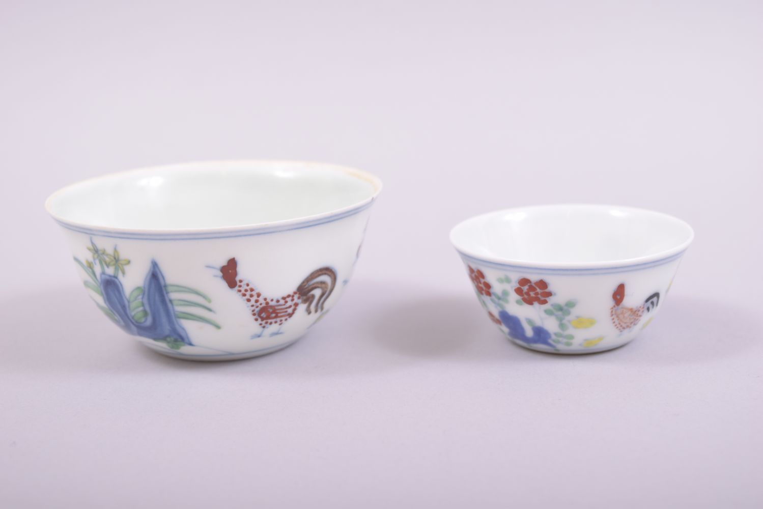 TWO DOUCAI PORCELAIN CHICKEN CUPS, both with six character mark to base, 8.5cm and 6cm (2). - Image 3 of 8