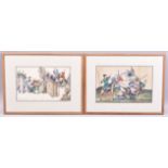 A PAIR OF CHINESE PITH PAINTINGS, one depicting figures seated at a table with playful children, the
