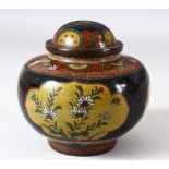 A JAPANESE CLOISONNE KORO AND COVER, the bowl with three panels of flowers, butterflies and stylised