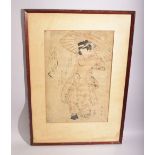 A JAPANESE WOODBLOCK PRINT OF A GEISHA, framed and glazed, 56.5cm x 39.5cm.