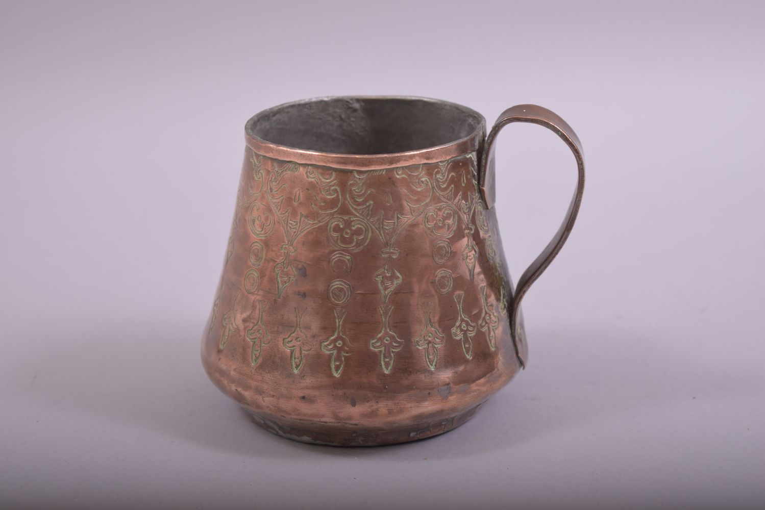 THREE PIECES OF EASTERN METALWARE, comprising of a tall neck copper vase with embossed and chased - Image 4 of 6