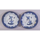 A PAIR OF CHINESE BLUE AND WHITE PORCELAIN DISHES, 21cm diameter, (af).