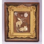 A FINE JAPANESE SMALL GILT FRAMED SHIBIYAMA PICTURE, depicting two deer and mother of pearl