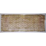 AN INDIAN GOLD COLOUR THREAD EMBROIDERED TEXTILE, approx. 226cm x 90cm (faults).