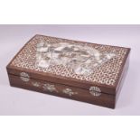 A VERY GOOD CHINESE ROSEWOOD AND MOTHER OF PEARL INLAID DOMED BOX, with buildings, scrolls and