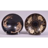 TWO CHINESE JIAN WARE BOWLS, one decorated with flower heads, the other with dragons, both 15cm