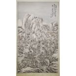 A GOOD CHINESE SCROLL PAINTING OF A MOUNTAINOUS LANDSCAPE, with a bridge over a river, trees and
