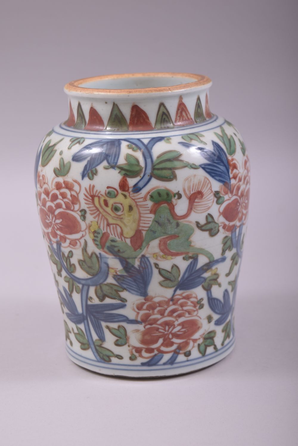 A CHINESE DOUCAI PORCELAIN VASE, painted in the doucai palette with kylin and large flower heads, - Image 3 of 6