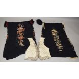 A CHINESE EMBROIDERED WATERED SILK WAISTCOAT FRONT, together with a black silk kimono embroidered