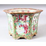 A SMALL CHINESE CANTON PORCALAIN JARDINIERE, painted with panels of figures, birds, butterflies