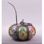 AN UNUSUAL CHINESE PUMPKIN FORMED PORCELAIN AND BRONZE OPIUM VESSEL, with eight porcelain panels