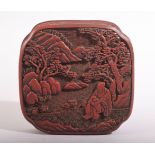 A GOOD CHINESE CINNABAR LACQUER BOX AND COVER, the lid with a sage in a meditative posture within