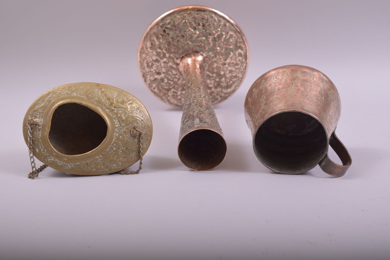 THREE PIECES OF EASTERN METALWARE, comprising of a tall neck copper vase with embossed and chased - Image 5 of 6