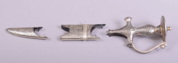 AN ISLAMIC NIELLO SWORD HILT, LOCKET AND CHAPE, the hilt measuring 19cm long.