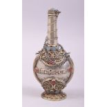 AN ISLAMIC WHITE METAL AND ENAMEL SCENT BOTTLE, 9.5cm high.