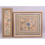 TWO GOOD 19TH CENTURY CHINESE EMBROIDERED SILK PANELS, the larger depicting flying insects and
