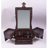 A CHINESE HARDWOOD TRAVELLING DRESSING BOX, with brass fittings including two handles, hook latch