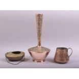 THREE PIECES OF EASTERN METALWARE, comprising of a tall neck copper vase with embossed and chased