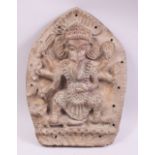 AN 18TH CENTURY INDIAN TEBET NIPAL ARCHED CLAY RELIEF PLAQUE OF GANESHA, 30cm x 22cm, prov; German