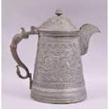 A GOOD INDIAN KASHMIRI TINNED COPPER COFFEE POT, with floral motifs and zoomorphic handle, 26cm