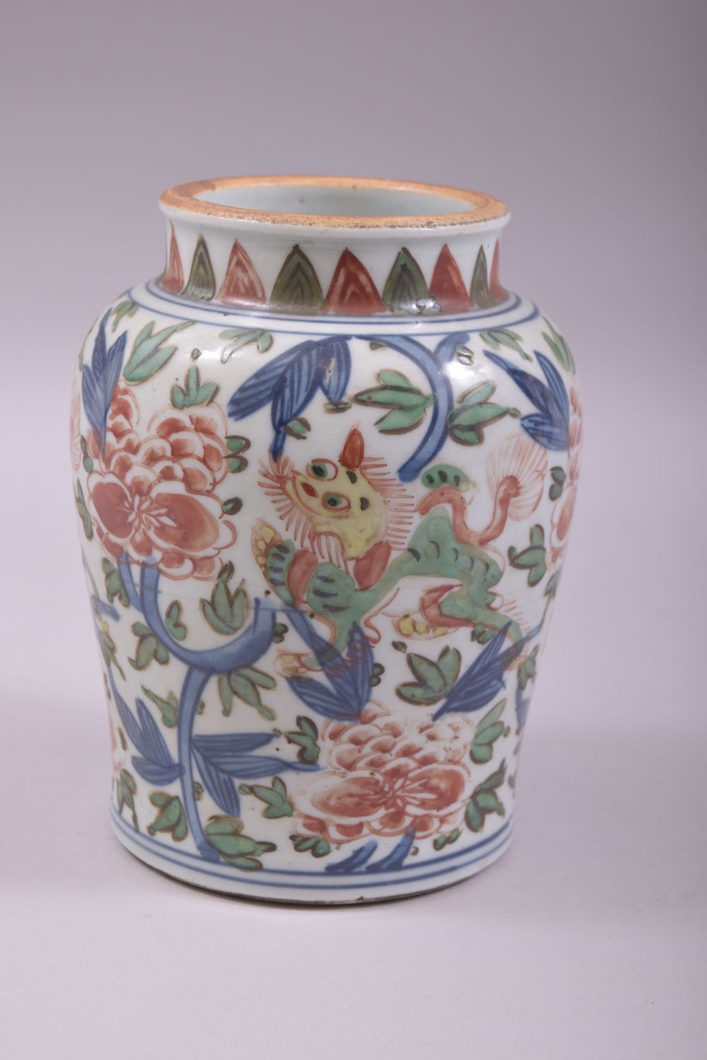 A CHINESE DOUCAI PORCELAIN VASE, painted in the doucai palette with kylin and large flower heads, - Image 2 of 6