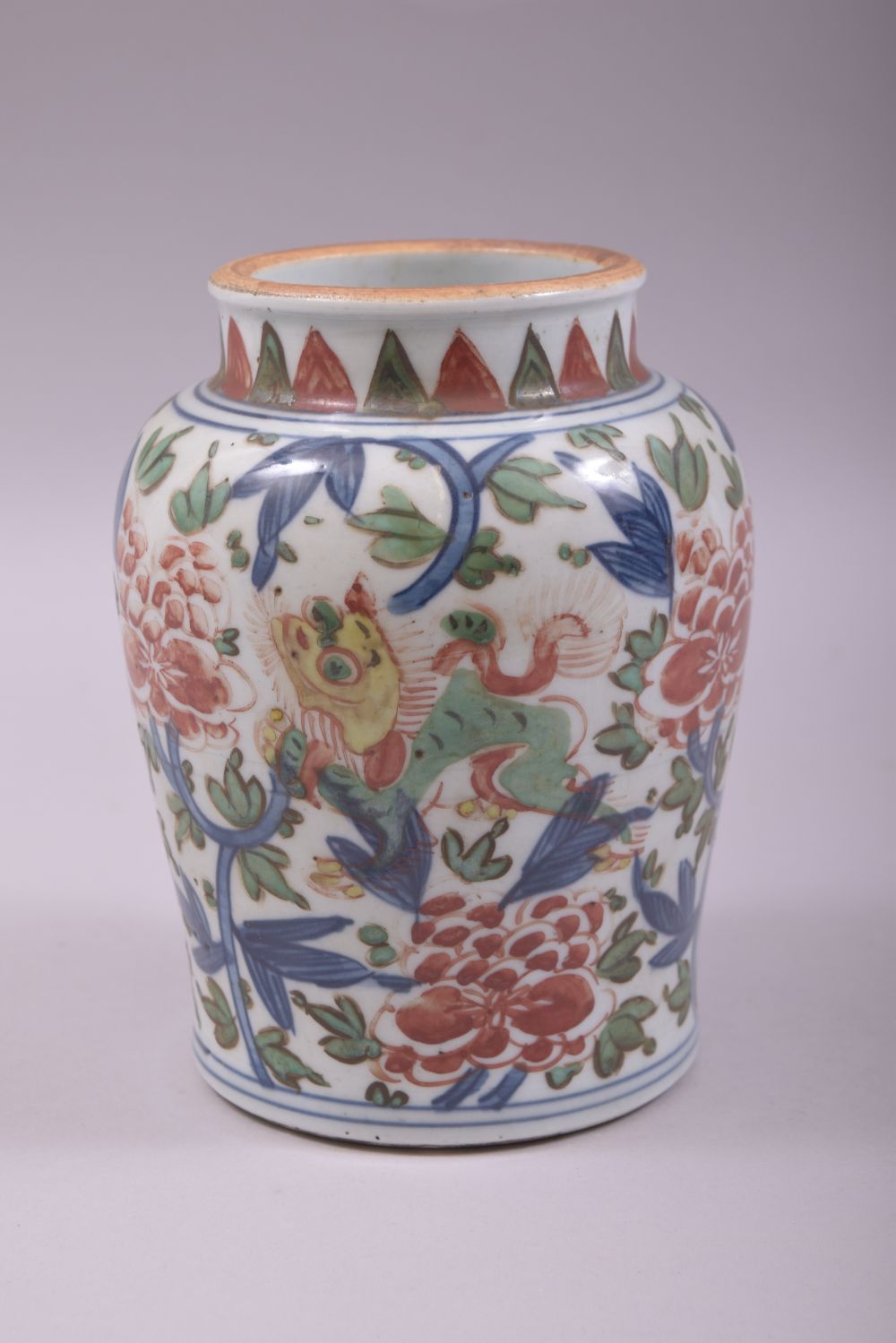 A CHINESE DOUCAI PORCELAIN VASE, painted in the doucai palette with kylin and large flower heads, - Image 4 of 6