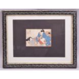 A JAPANESE WOODBLOCK PRINT, depicting an erotic scene, decoratively framed, image 8.5cm x 12cm,