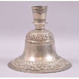 A 19TH CENTURY INDIAN LUCKNOW WHITE METAL / POSSIBLY SILVER HUQQA BASE, with bands of floral