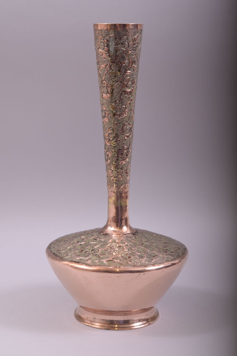 THREE PIECES OF EASTERN METALWARE, comprising of a tall neck copper vase with embossed and chased - Image 3 of 6