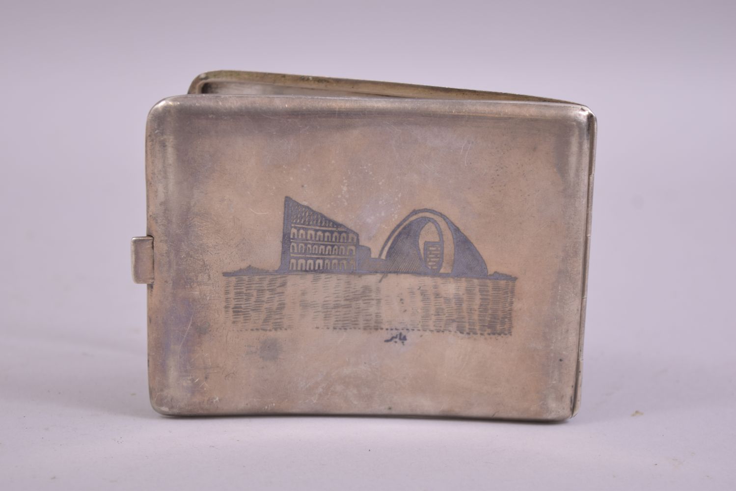 AN IRAQI NIELLO SILVER CIGARETTE CASE, inscribed on the reverse, 10.5cm x 8cm. - Image 2 of 3