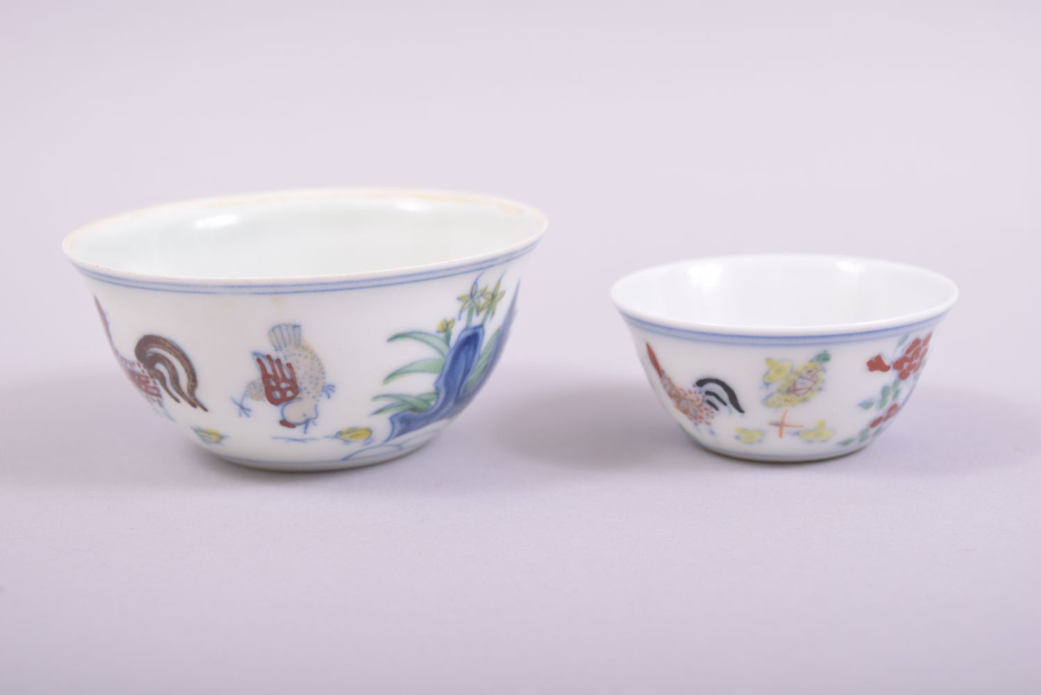 TWO DOUCAI PORCELAIN CHICKEN CUPS, both with six character mark to base, 8.5cm and 6cm (2). - Image 4 of 8