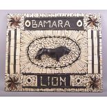 AN UNUSUAL BONE MOSAIC WOODEN PLAQUE 'BAMARA LION', the centre with a carved wood lion, 60cm x