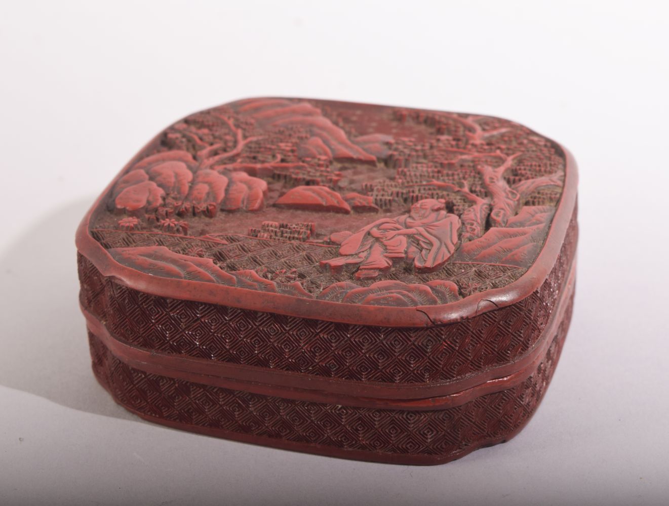 A GOOD CHINESE CINNABAR LACQUER BOX AND COVER, the lid with a sage in a meditative posture within - Image 2 of 4