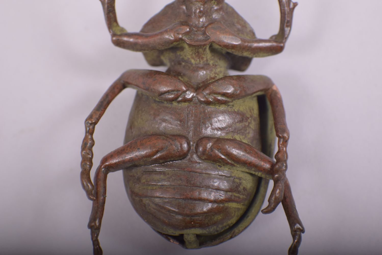 A JAPANESE BRONZE MODEL OF BEETLE; rhinoceros beetle, with an opening hinged back section, 10cm - Image 7 of 7