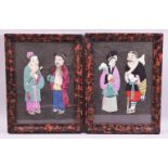 A PAIR OF CHINESE SILKWORK AND PAINTED PAPER PICTURES, each depicting a male and female figure in